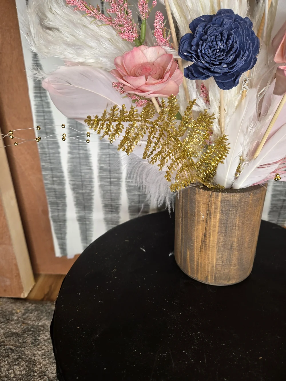 Navy Blue & Blush Pink Sola Wood Flower Arrangement with Feathers + Wood Vase